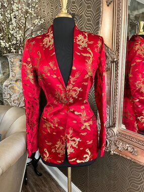 vintage jenni max bold red gold brocade Asian-inspired dragon motifs jacket